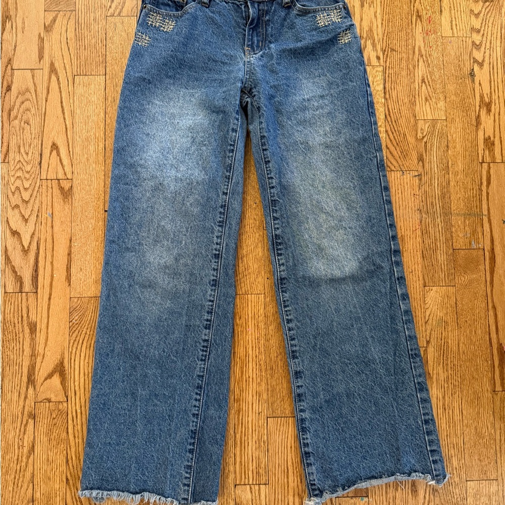 Edikted Distressed Blue Wide Leg Jeans